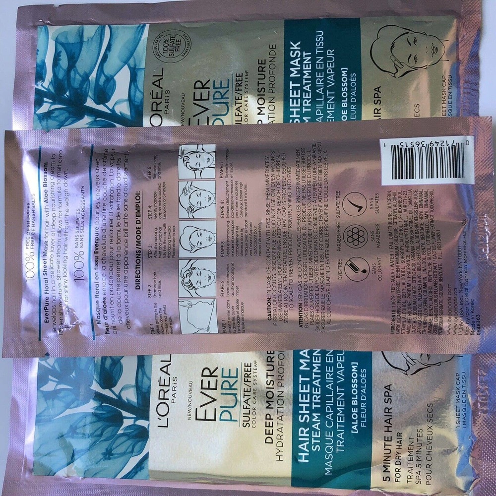 3 x L'Oreal Paris EverPure Hair Sheet Mask Deep Moisture for Dry Hair - Picture 2 of 2